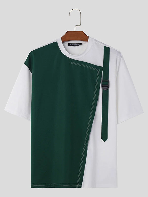 INCERUN Mens Fashion Fashion Color Block Stitching Buckle Design Short Sleeve T-Shirt