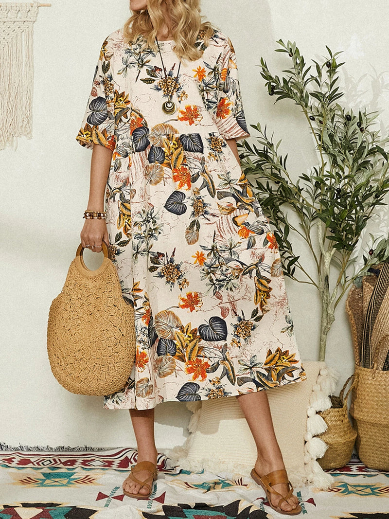 ZANZEA Plus Size Women Beach Long Dress Retro Floral Printed Round Neck Three Quarter Sleeve Pleated Beach Maxi Dresses