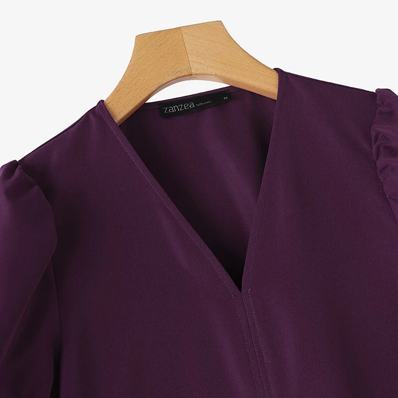 ZANZEA Women Vintage Fashion Solid Casual V-Neck Short Sleeve Dress Loose Fit with Side Pockets