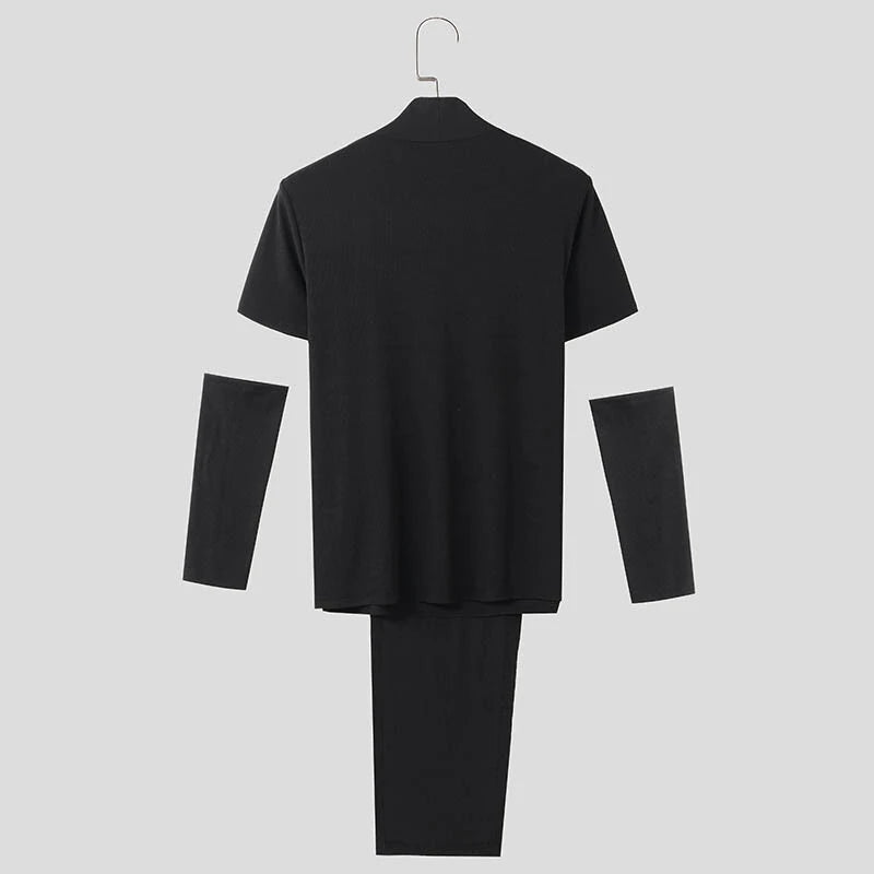 INCERUN Deconstructed Design Solid Color T-Shirt Fashion High Neck Truncated Long Sleeves High Stretch Top for Men