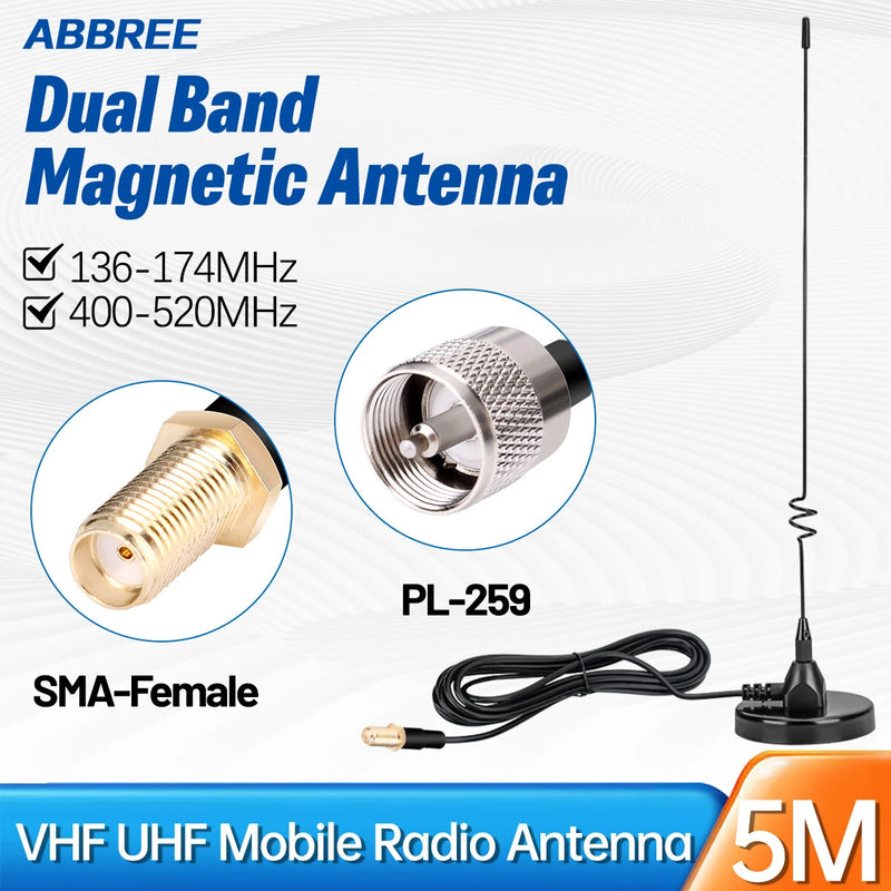 AD-109 Magnetic Mount Mobile Antenna Dual Band VHF UHF 136-174MHz 400-520MHz High Gain 5M Cable for Baofeng UV-5R UV-5RH Ham Radio