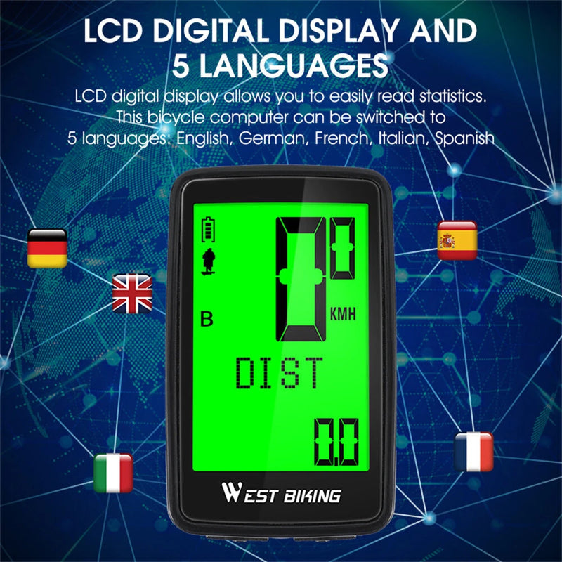WEST BIKING 5 Languages Bike Computer 21 Functions Touch Screen USB Charging Waterproof Wireless Bicycle Speedometer Odometer for MTB Road Cycling