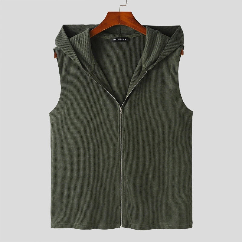 INCERUN Zip-Up Hooded Tank Top for Men Comfy Solid Color Men Vest Summer Daily Sleeveless Male Clothing
