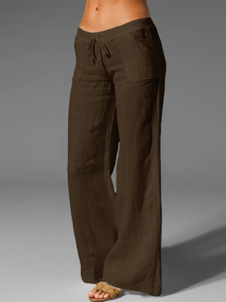 Wide Leg Women Loose Cotton Pure Color Elastic Waist Trousers Pants