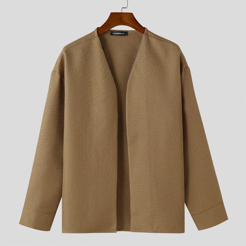 INCERUN Mens Textured Casual Long Sleeve Jacket Collarless Cardigan Jacket Coat Large Size for Big Men S-5XL