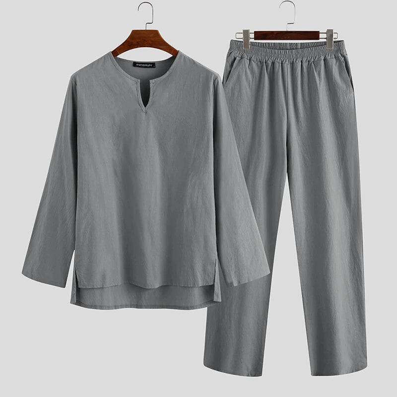 INCERUN Men Home Two Piece Set Solid Color Cotton Linen Long Sleeve Top and Pant with Pockets, Casual Men's Set Plus Size Spring Fall
