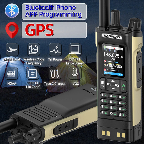 Baofeng UV32 10W GPS Walkie Talkies Sand Color Custom Two Way Radio Multi-Band Bluetooth APP Programming Tri-Power 2.0" TFT Screen NOAA Weather Reception