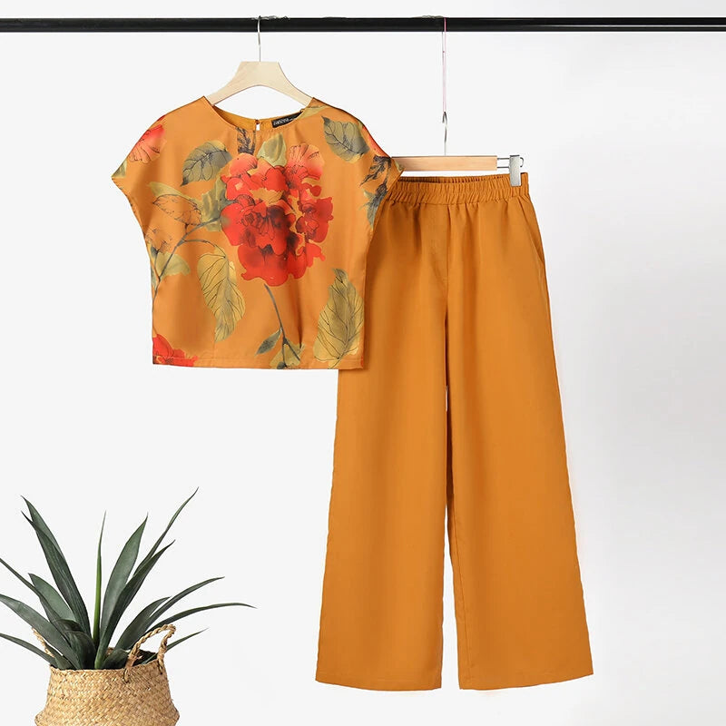 ZANZEA Women's 2pcs Suits Floral Short Sleeve O-Neck Top Elastic Waist Wide Leg Trousers Vintage Sets