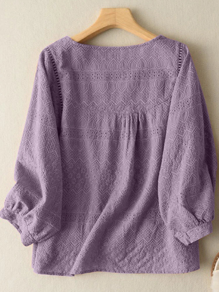 Lace Solid Long Sleeve Crew Neck Casual Blouse