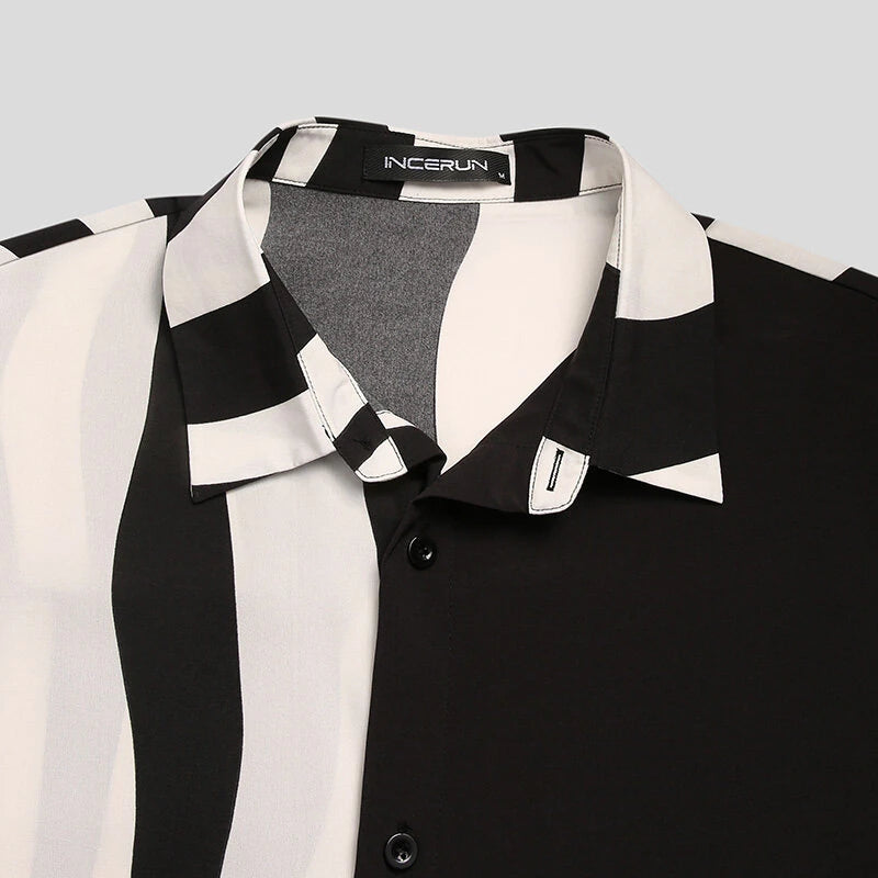INCERUN Men Patchwork Zebra Stripe Shirt Fashion Slant Placket Casual Lapel Long Sleeve Shirt Loose Large Size Shirt S-5XL for Spring Fall
