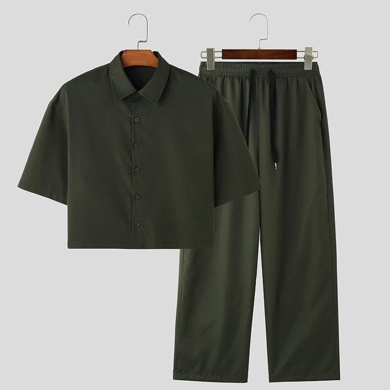 INCERUN Men Two Pieces Set Fashion Solid Color Short Shirt + Pants Summer Casual Daily Mens Clothing Set