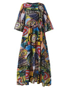 ZANZEA Women Retro Graffiti Print Round Neck Pleated Casual Beach Maxi Dresses