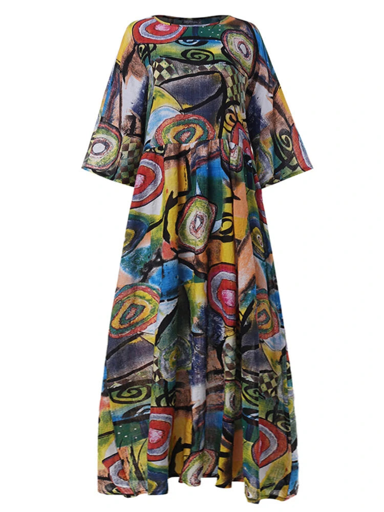 ZANZEA Women Retro Graffiti Print Round Neck Pleated Casual Beach Maxi Dresses