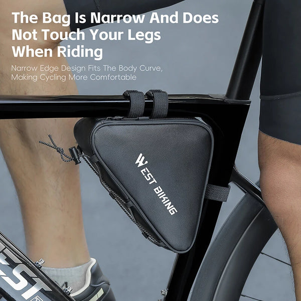 WEST BIKING 0.6L Bicycle Front Frame Triangle Bag With Mesh Pouch MTB Road Bike Waterproof Bottom Tube Bag Elastic Luggage Straps For Storage