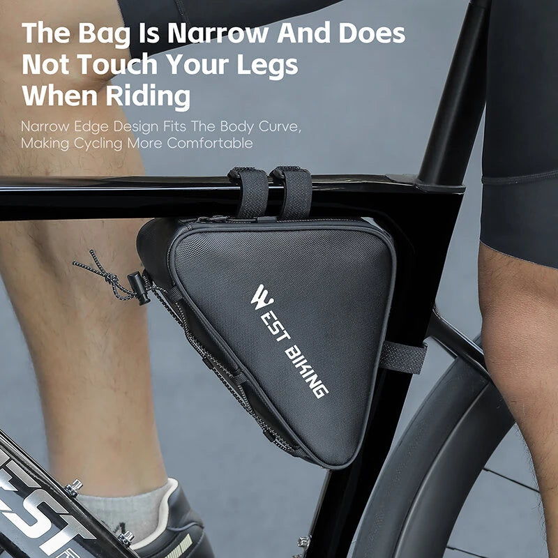 WEST BIKING 0.6L Bicycle Front Frame Triangle Bag With Mesh Pouch MTB Road Bike Waterproof Bottom Tube Bag Elastic Luggage Straps For Storage