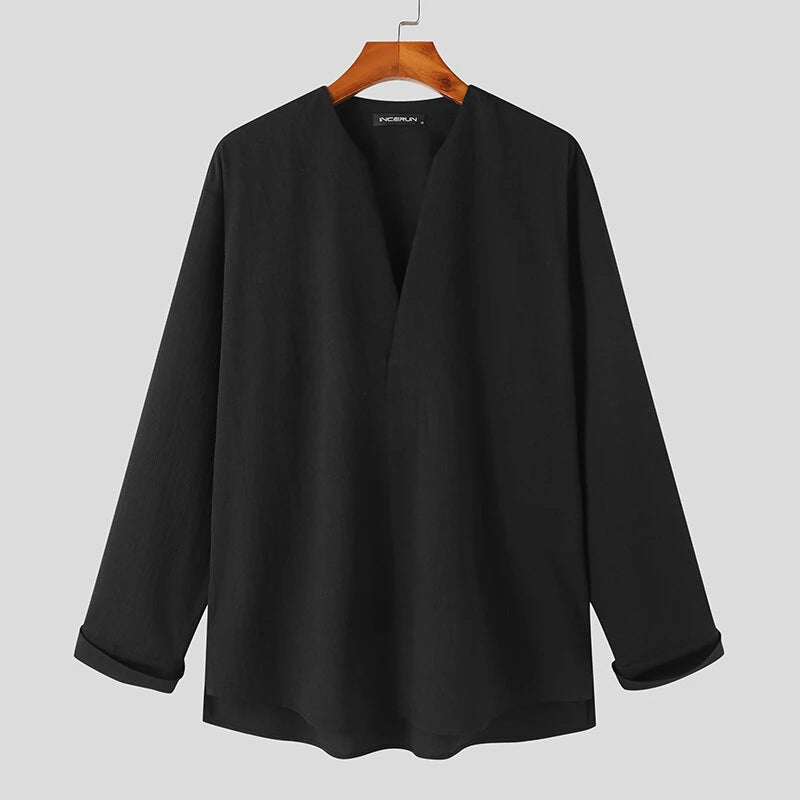 INCERUN Mens Shirts Solid Color Long Sleeve Top Shirts Summer Casual Daily V Neck Top Shirts Male Clothing