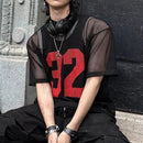 INCERUN Mens Numeric Print Sheer Mesh T-Shirt Solid Color Crew Neck Tshirts Fashion Matching Streatwear for Male Plus Size S-5XL