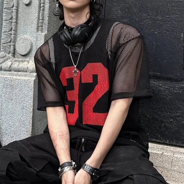 INCERUN Mens Numeric Print Sheer Mesh T-Shirt Solid Color Crew Neck Tshirts Fashion Matching Streatwear for Male Plus Size S-5XL