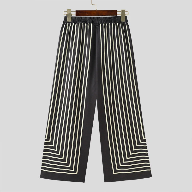 INCERUN 2 Piece Men's Striped Casual Outfit Set, Collar Button Up Top And Elastic Waist Wide Leg Trousers Set for Daily Wear Spring Fall Plus Size S-5xl