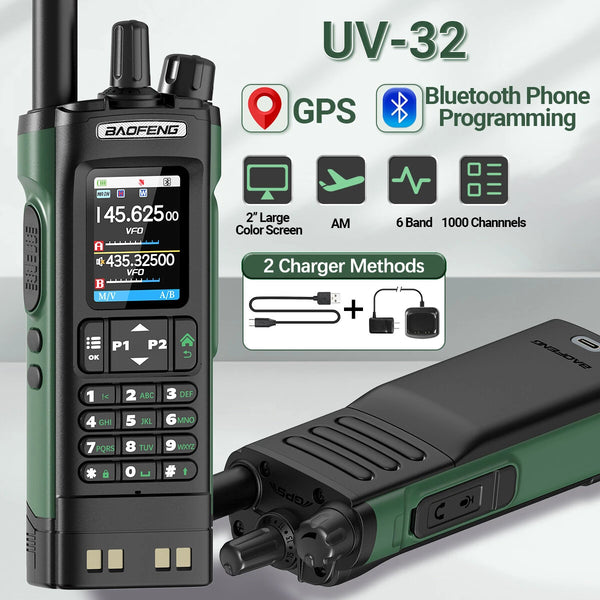 2Pcs Baofeng BF-UV32 GPS Walkie Talkie 10W Long Range Multi Band Bluetooth App 1000 Channels USB-C EU Charge Portable 2-Way Radio