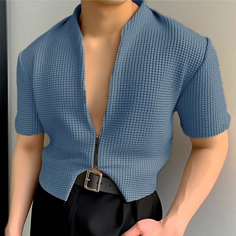 INCERUN Mens Coats Fashion-forward Male Zip-Up Jacket - Japanese and Korean Style Solid Color Short Sleeve Male Clothing