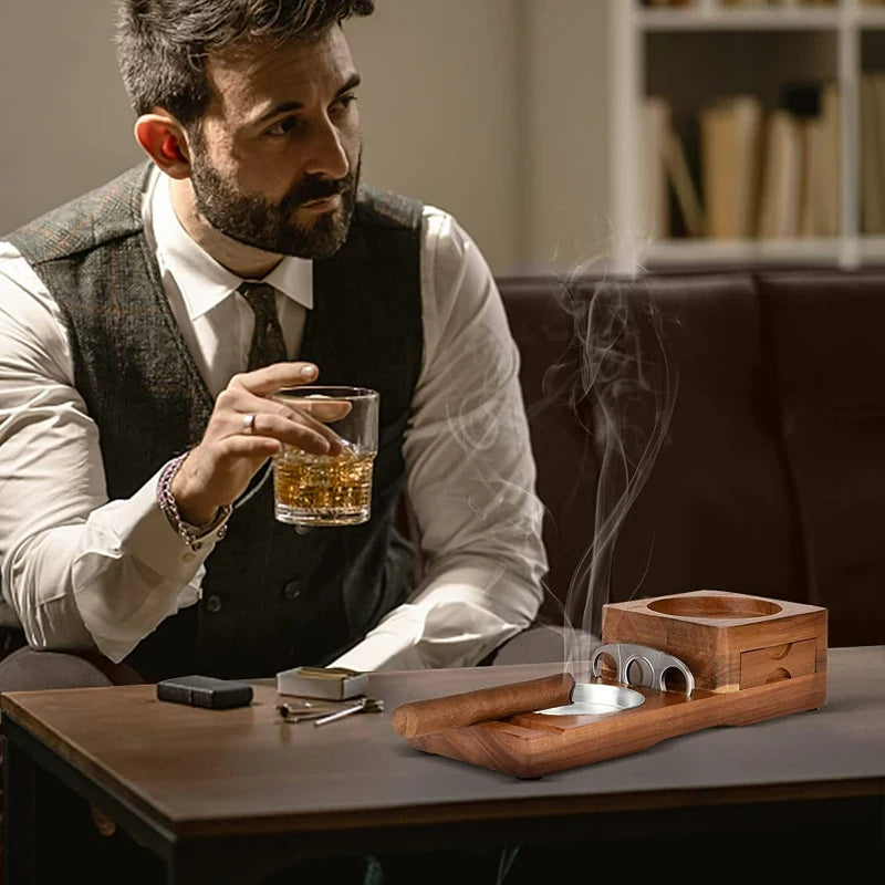 Wooden Cigar Ashtray Drinks Solid Wood Track Whiskey Tea Tray Cigar Holder Ashtray Cup Holder Wooden Ashtray Coasters