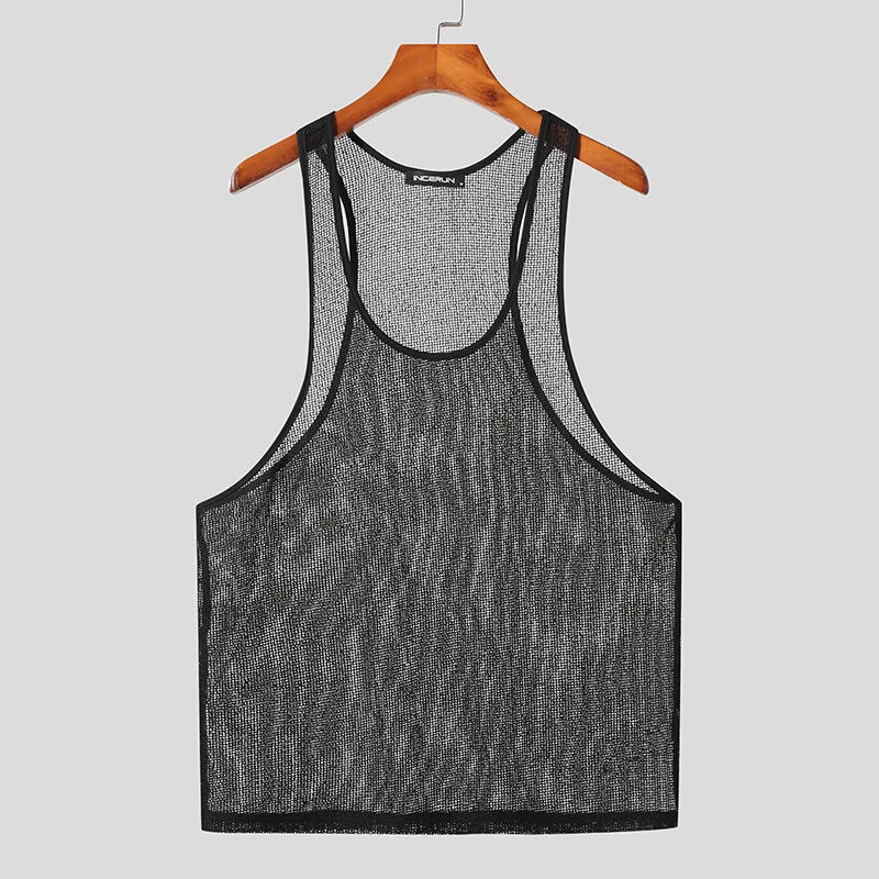 INCERUN Men Tank Tops Mesh Transparent O-neck Sleeveless Vests Streetwear Summer Breathable Fashion Men Clothing S-5XL