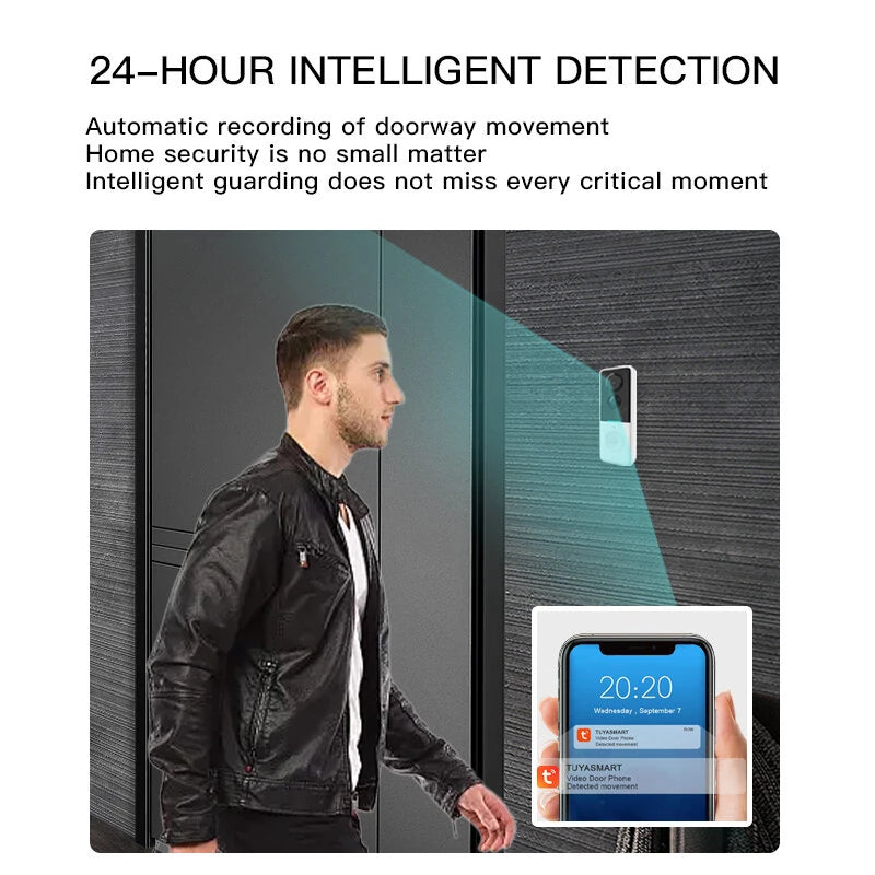 WF015-013D Tuya Smart Video Doorbell 120 Wide Angle Night Vision PIR Motion Alerts Two-Way Audio IP65 Waterproof Wireless WiFi Doorbell Camera Battery Powered Cloud Storage