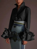 Women Casual Turn-down Collar Flare Sleeve Solid Color Blouse