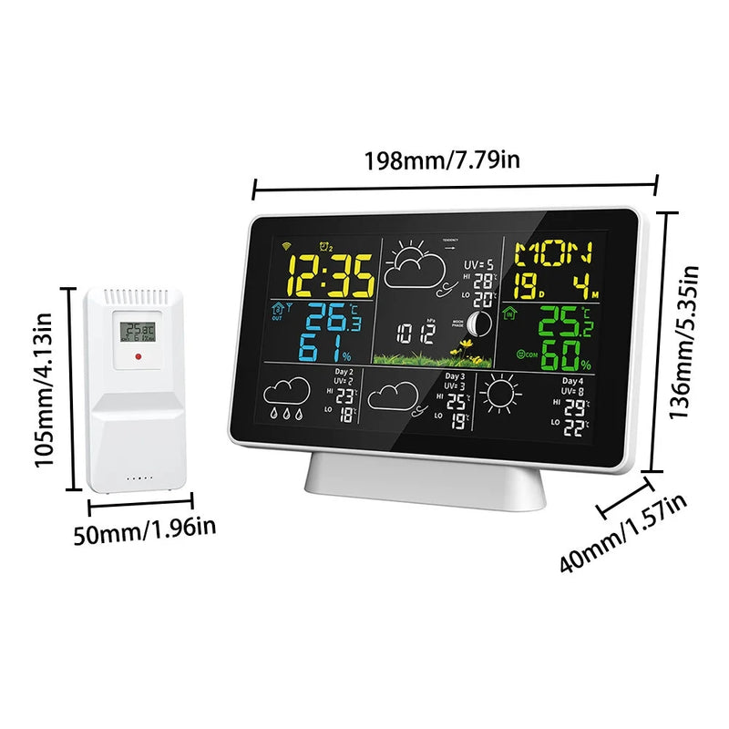 Tuya Wifi Wireless Weather Station Alarm Clock With 7.5 Inch Display / Atomic Clock / Weather Forecast / Outdoor Thermometer / Air Pressure / Moon Phase