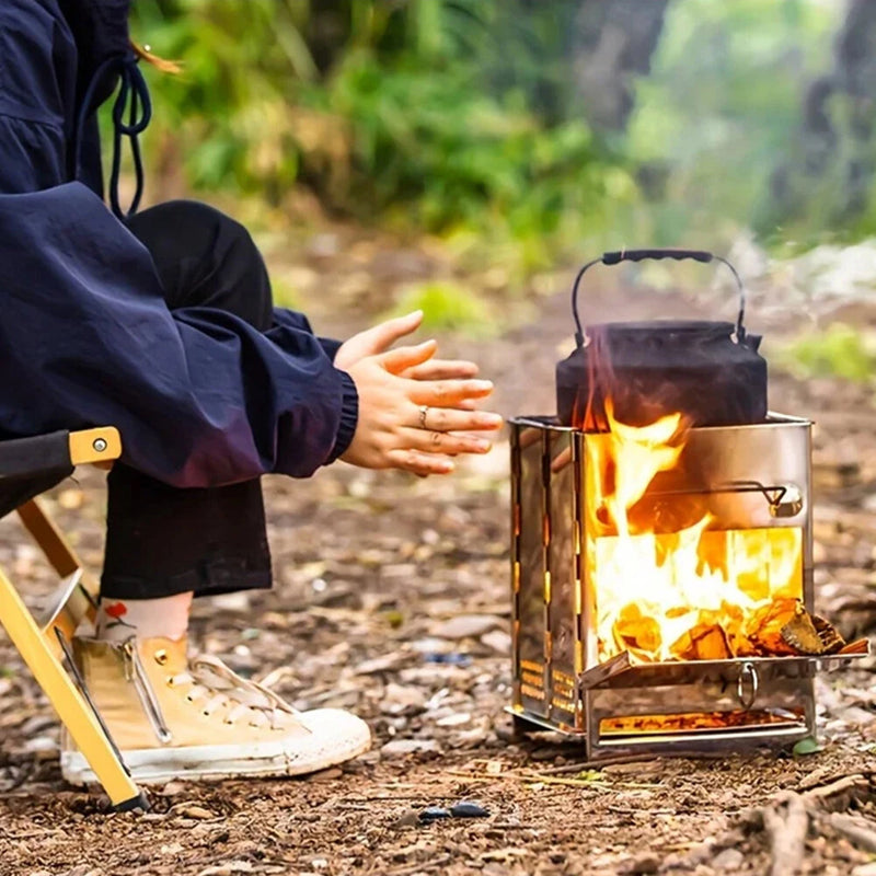 IPRee Folding Stainless Steel Oven Portable Wood Burner Camping Wood Stove Mini BBQ Grill Carry Bag Camping Supplies Fire Wood Heater