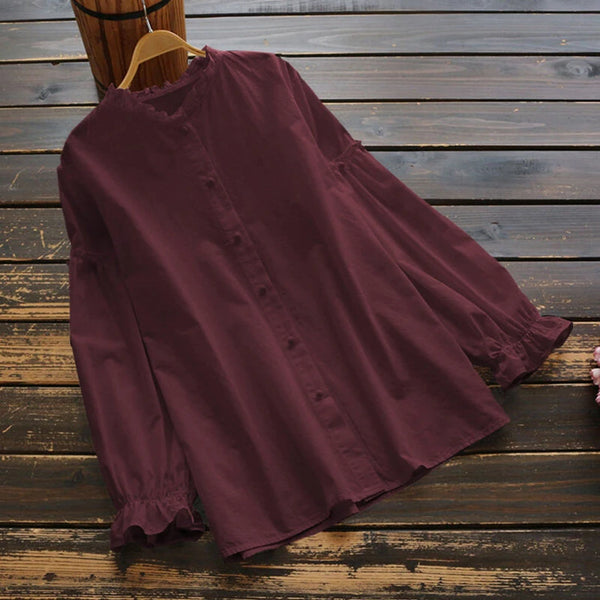 ZANZEA Women Long Sleeve Blouse Casual Solid Button Down Shirts Female Cotton Tops Chemise S-5XL, Spring Fall for Women Tops