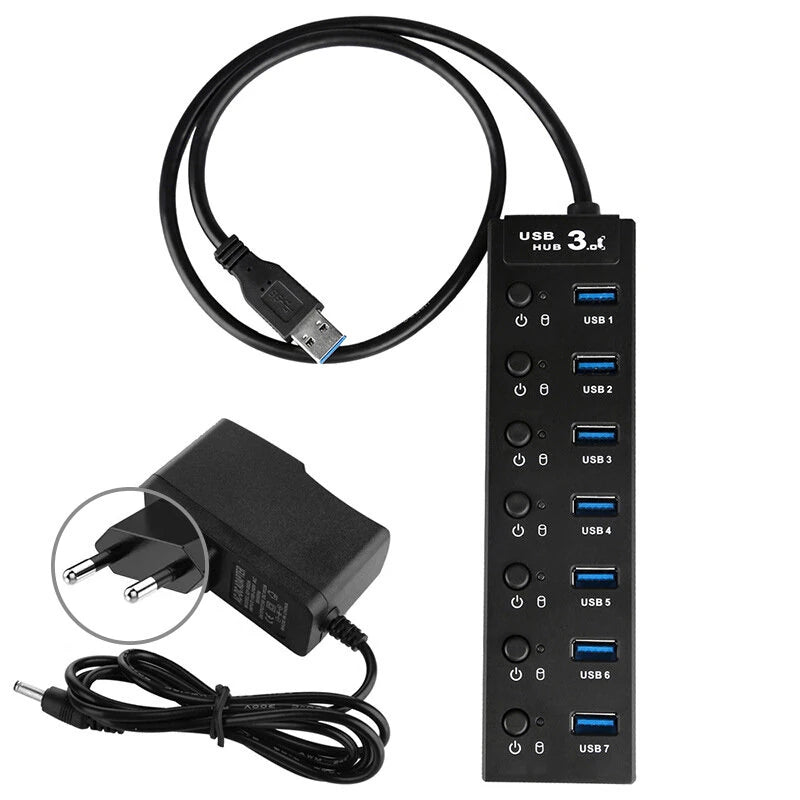 7-in-1 USB 3.0 Hub Docking Station USB Adapter with USB3.0*7 Multiports Splitter Adapter with Independent Switch for Phone Laptop Tablet Computer Keyboard Mouse