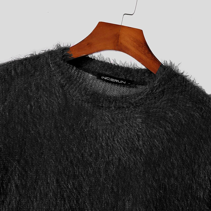 INCERUN Men's Solid Color Sweater Casual Comfy Oversized Faux Fur Long Sleeve Sweater Plus Size Crew Neck Pullover Sweater for Men Fall Winter