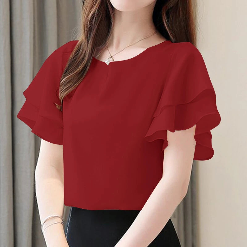 ZANZEA Women Fashion Short Sleeve Ruffles Blouse Elegant Office OL Shirt Casual O Neck Solid Tops