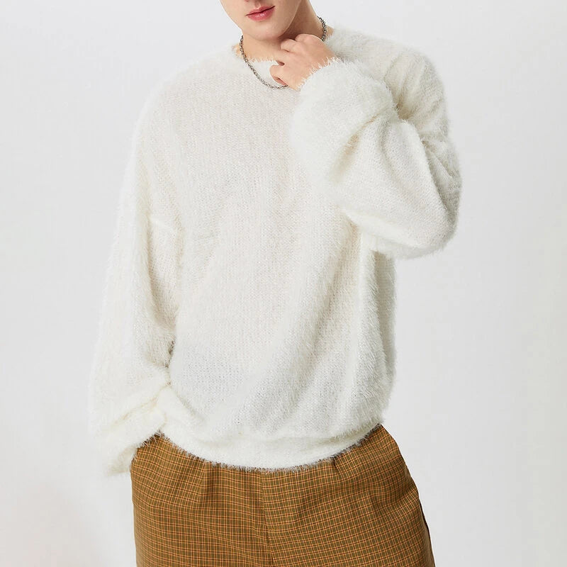 INCERUN Men's Solid Color Sweater Casual Comfy Oversized Faux Fur Long Sleeve Sweater Plus Size Crew Neck Pullover Sweater for Men Fall Winter