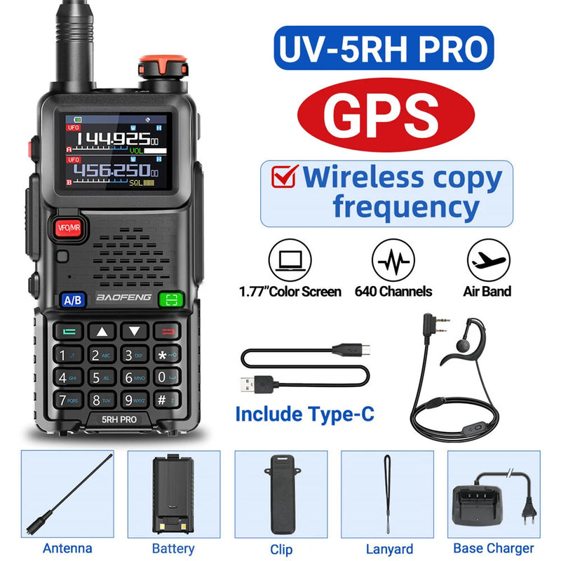 2Pcs BAOFENG UV-5RH PRO Walkie Talkie 10W GPS 640 Channels Type-C Charging NOAA Weather Radio EU Plug