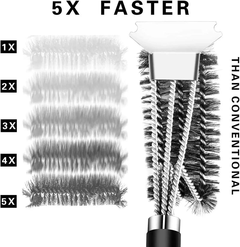 Long Handle BBQ Grill Cleaning Brush with Stainless Steel Scraper Bristles Cleaner Heavy Duty BBQ Tool Easy Stain Removal Grill Wire Brush Barbecue Accessories