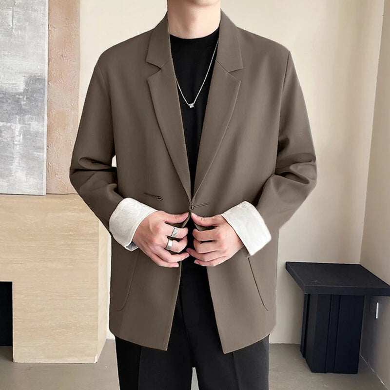 INCERUN Mens Metal Buckle Patchwork Lace Long-Sleeve Blazer Fashion Casual Solid Color Suit Top Outwear