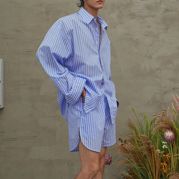 INCERUN Mens Fashion Striped Loose Two Pieces Outfit Comfortable Long Sleeve Shirt & Short Two-piece Suits