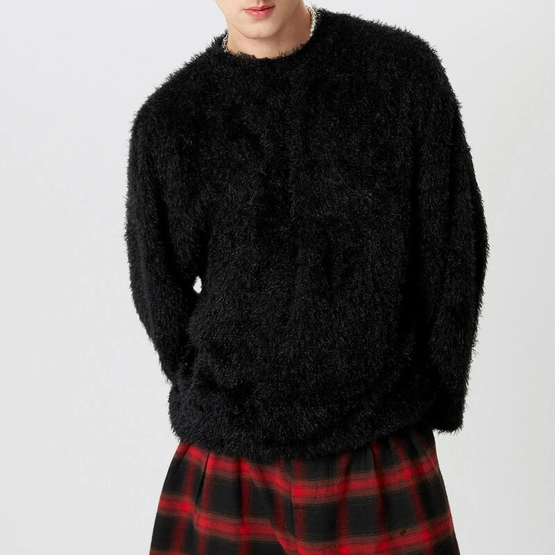 INCERUN Men's Solid Color Sweater Casual Comfy Oversized Faux Fur Long Sleeve Sweater Plus Size Crew Neck Pullover Sweater for Men Fall Winter