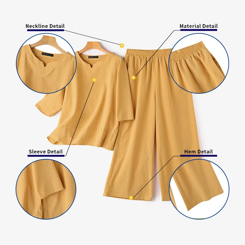 ZANZEA Plus Size Women Casual Solid Two-Piece Set, Notched Neck 3/4 Sleeve Layered Hem Top & Wide Leg Pants, Women's Plus Size Clothing