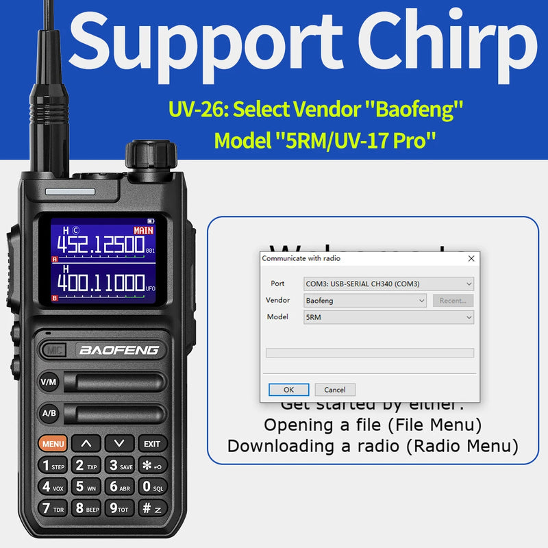 Baofeng UV-26 10W High Power Walkie Talkie Handheld Two Way Radio Long Range Multi Band NOAA Weather Alert 999 Channels Rechargeable Battery Type-C Charging Wireless Frequency Copy Transceiver Radio