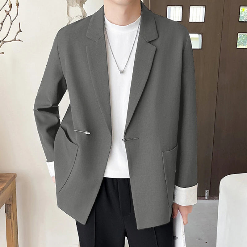 INCERUN Mens Metal Buckle Patchwork Lace Long-Sleeve Blazer Fashion Casual Solid Color Suit Top Outwear