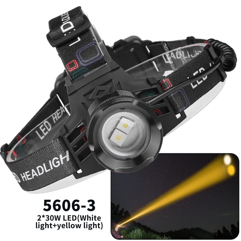 XHP70 30W LED White Blue Yellow Light USB Rechargeable Headlamp Ultra Light Bright LED Headlight Portable Front Head Light Fishing Flashlight with 18650 Battery
