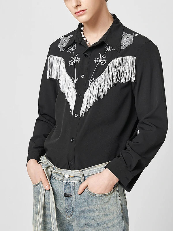 Mens Embroidered Fringe Long Sleeve Shirt