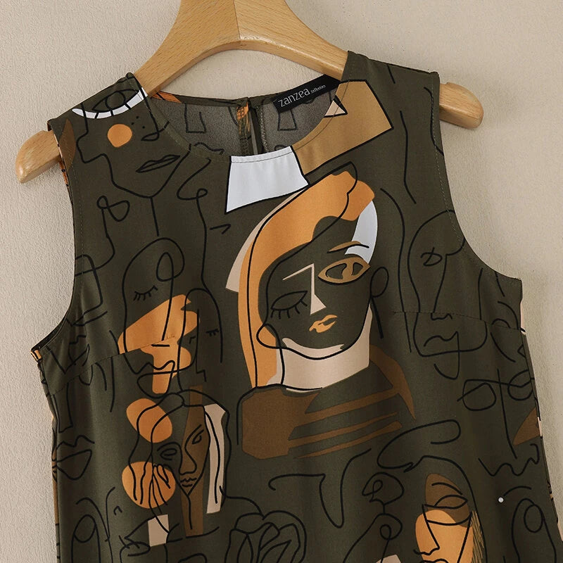 ZANZEA Elegant Style Women's Dresses Sleeveless Round Neck Printed A-Line Mermaid Dress
