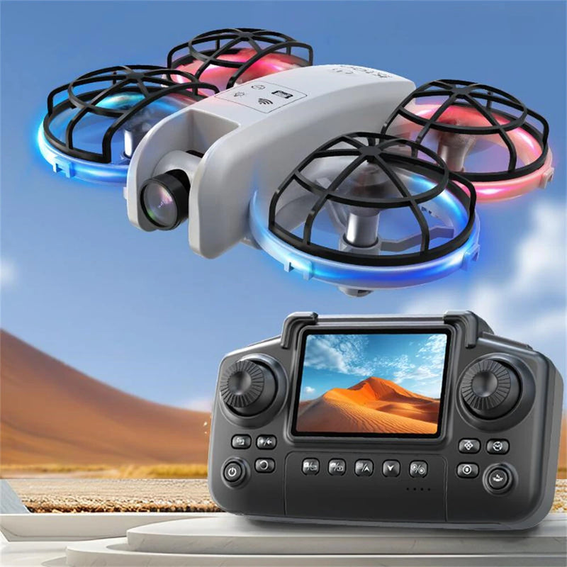 XKJ K100 MAX MINI WiFi FPV with LCD Screen Controller HD Dual Camera Optical Flow Hover Dazzling Lights Circle Protection Kids Gifts 2.4G 4CH 6-Axis Remote Control RC Toys Drone Quadcopter RTF