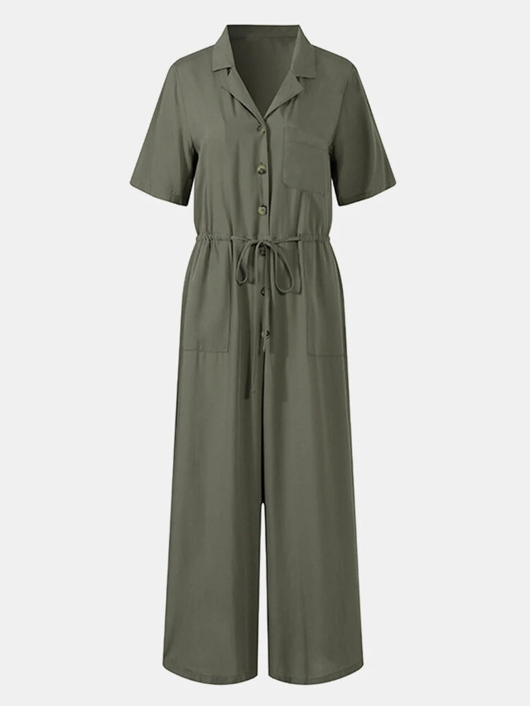 Women Button Front Camp Collar Cargo Style Short Sleeve Jumpsuits With Pocket