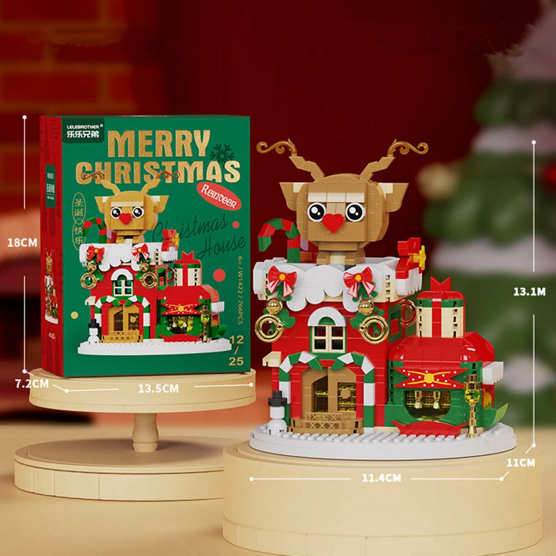 Christmas Elk Deer Santa Claus Building Blocks City Snow House Xmas Tree Decor. Bricks with Light Set Toys for Children Kids Gift